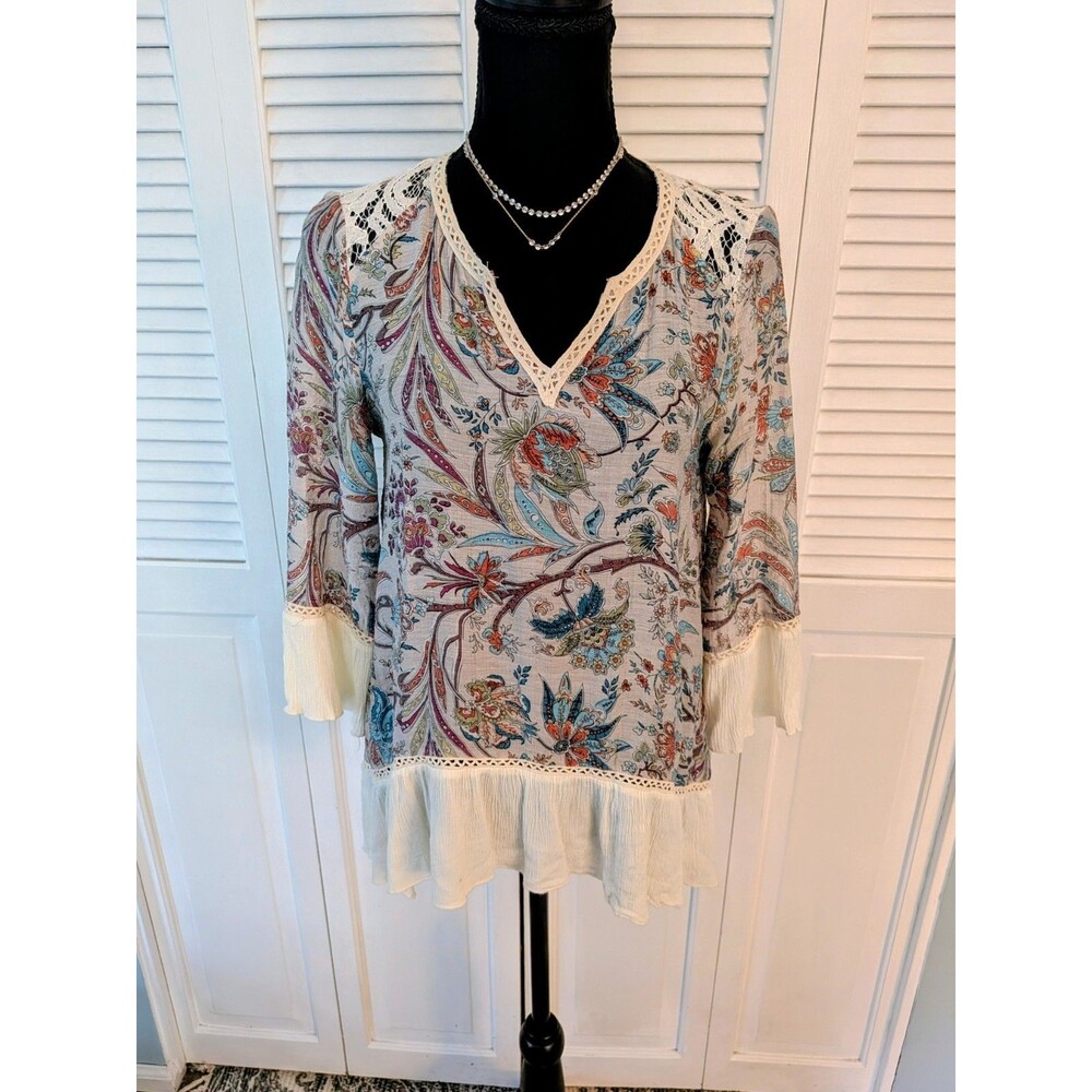 Mystree Top Womens S Boho Sheer Floral Peasant Blouse Romantic Cottagecore Hippi
